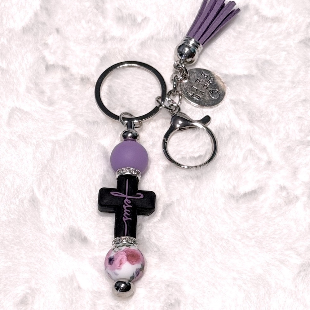 Purple & black Inspirational “Jesus” beaded keychain or bag charm, with tassel